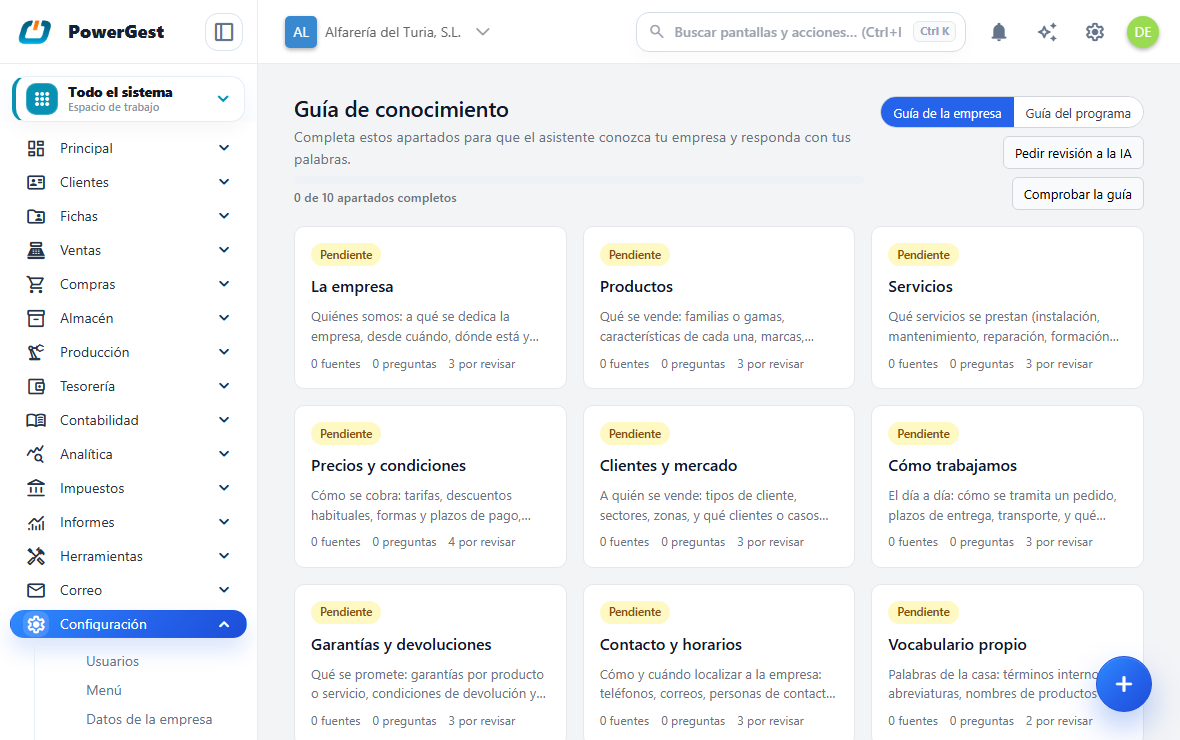 La guía de conocimiento del asistente, con las preguntas sobre la empresa