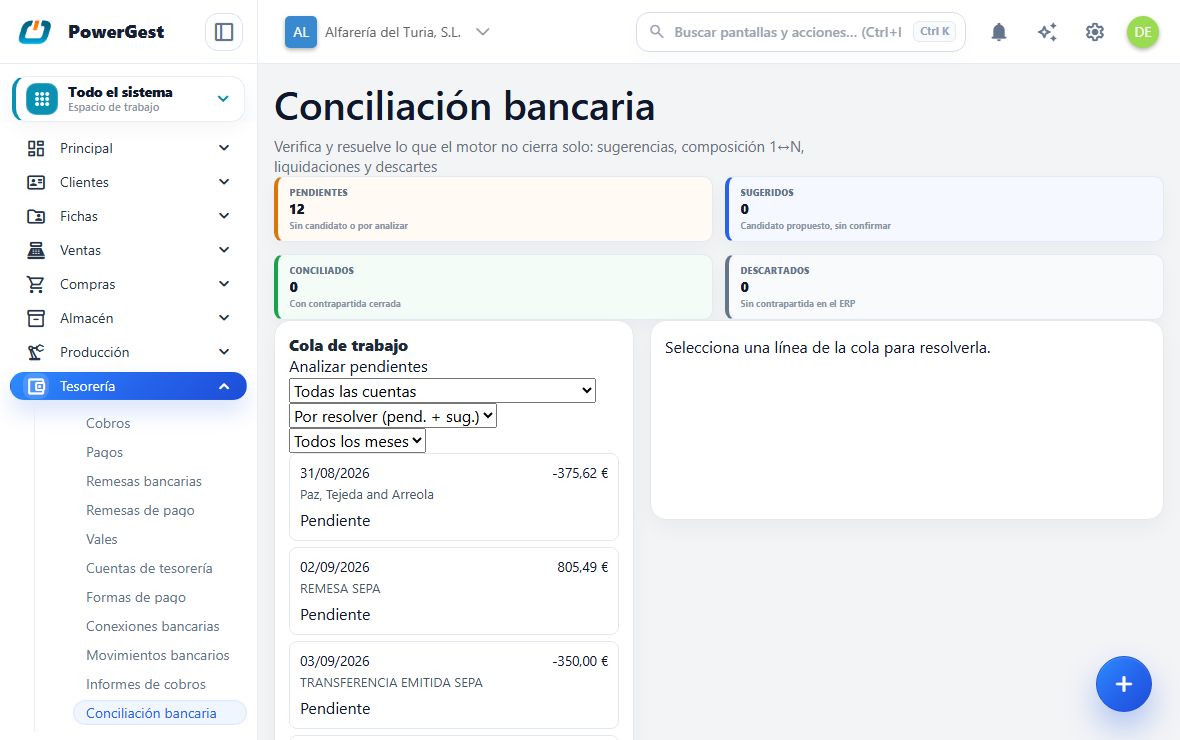 La pantalla de conciliación, con los movimientos del banco frente a los del ERP