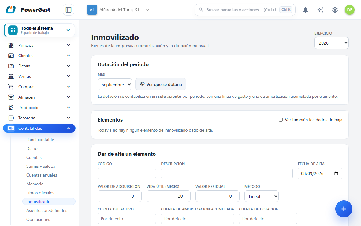 Las fichas de inmovilizado con su amortización