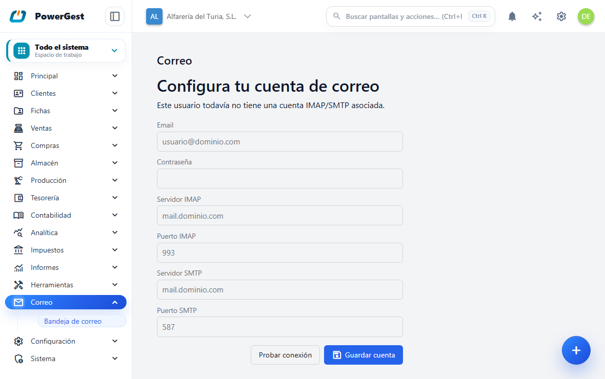 La bandeja de correo dentro del ERP