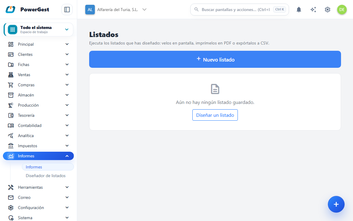 El catálogo de informes, agrupado por áreas