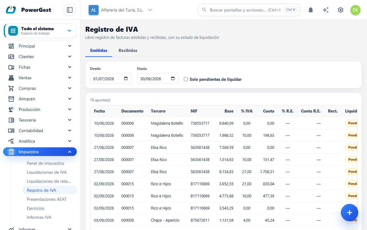 El libro registro de IVA con las facturas emitidas y recibidas del periodo