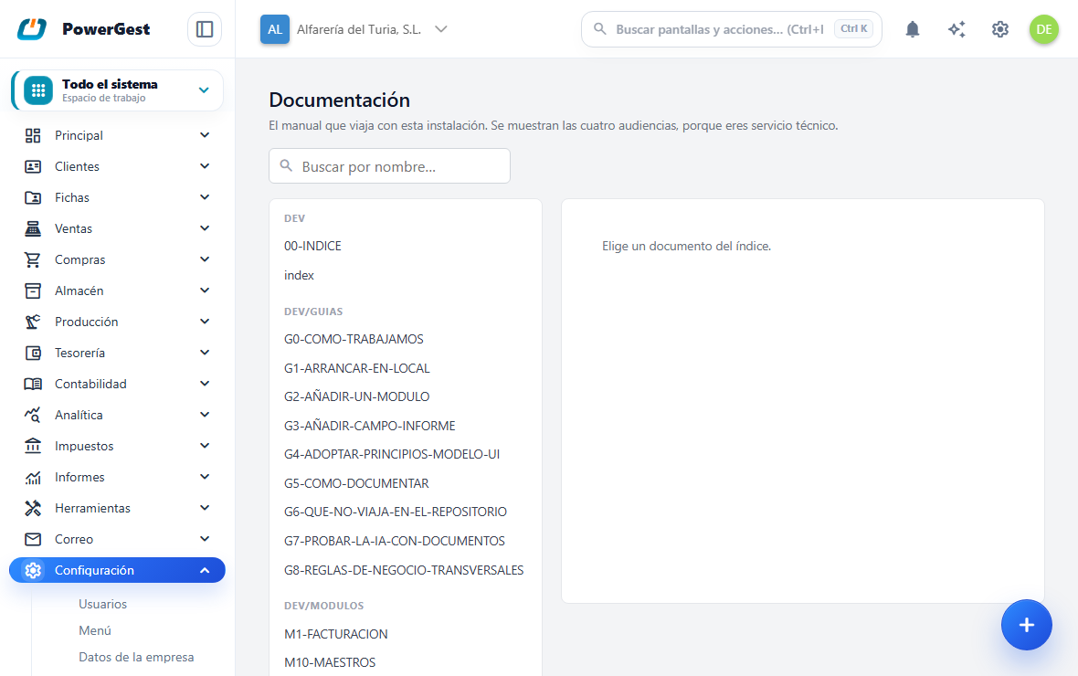 La pantalla de documentación dentro del ERP, con el árbol de temas a la izquierda