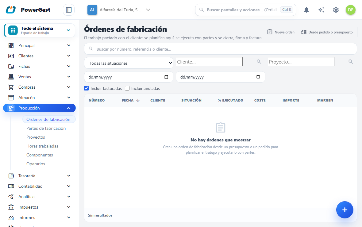 La lista de órdenes de fabricación con su estado