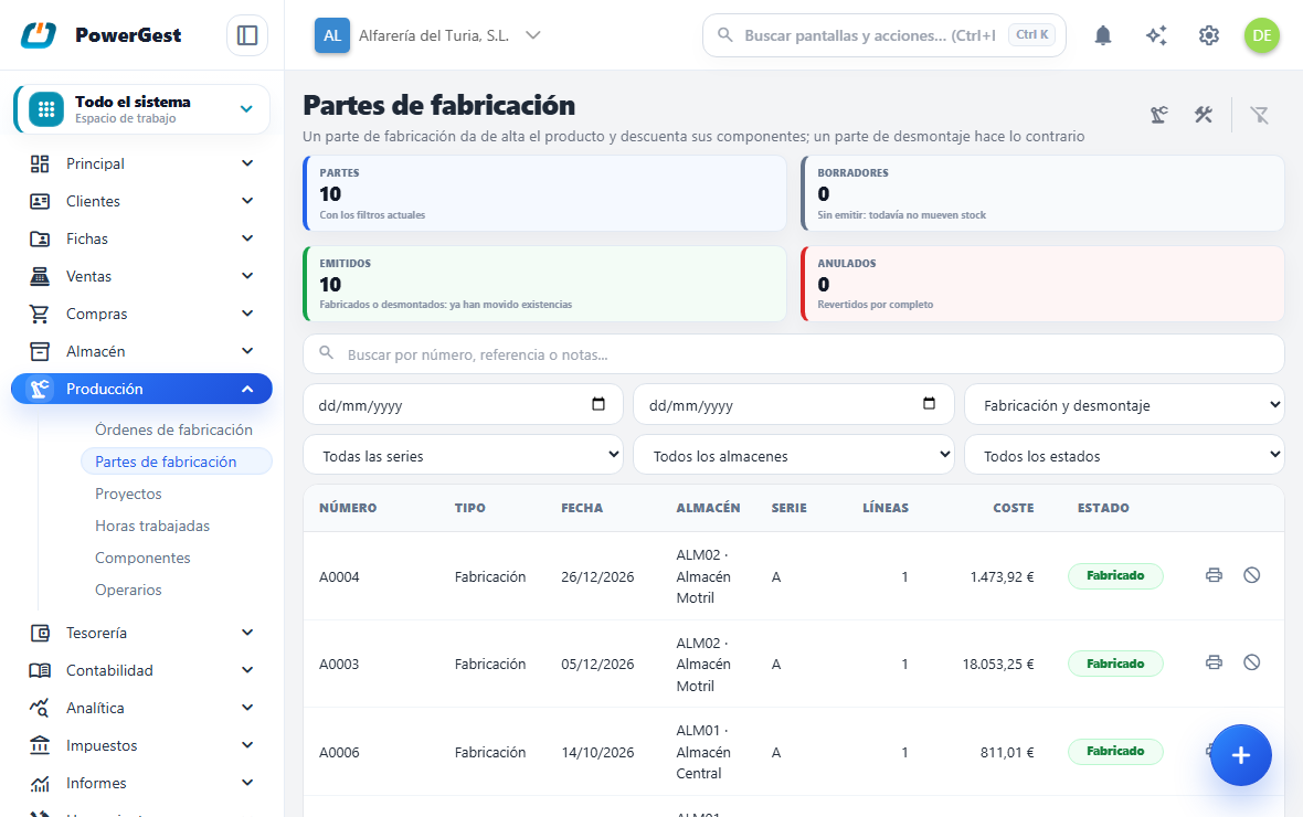 La lista de partes de fabricación