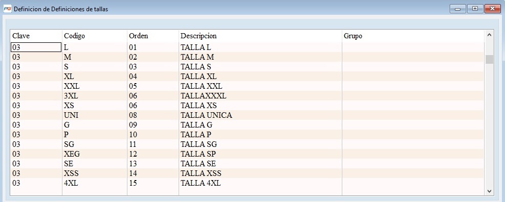 Codigo Tallas